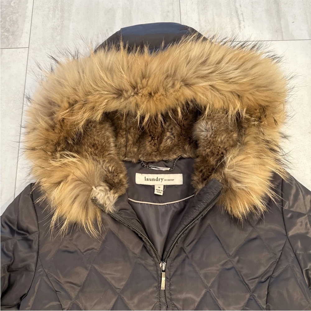 Laundry by Shelli Segal, Winter Coat Women Sz Medium, Gray Puffer Down faux Fur - Picture 2 of 7
